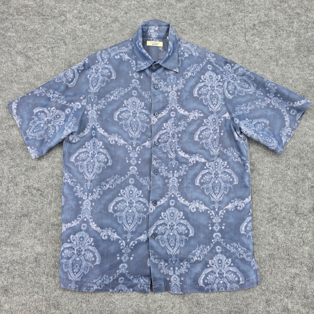 Caribbean Blues Mens Blue Damask Paisley Modal Rayon Short Sleeve Shirt Medium